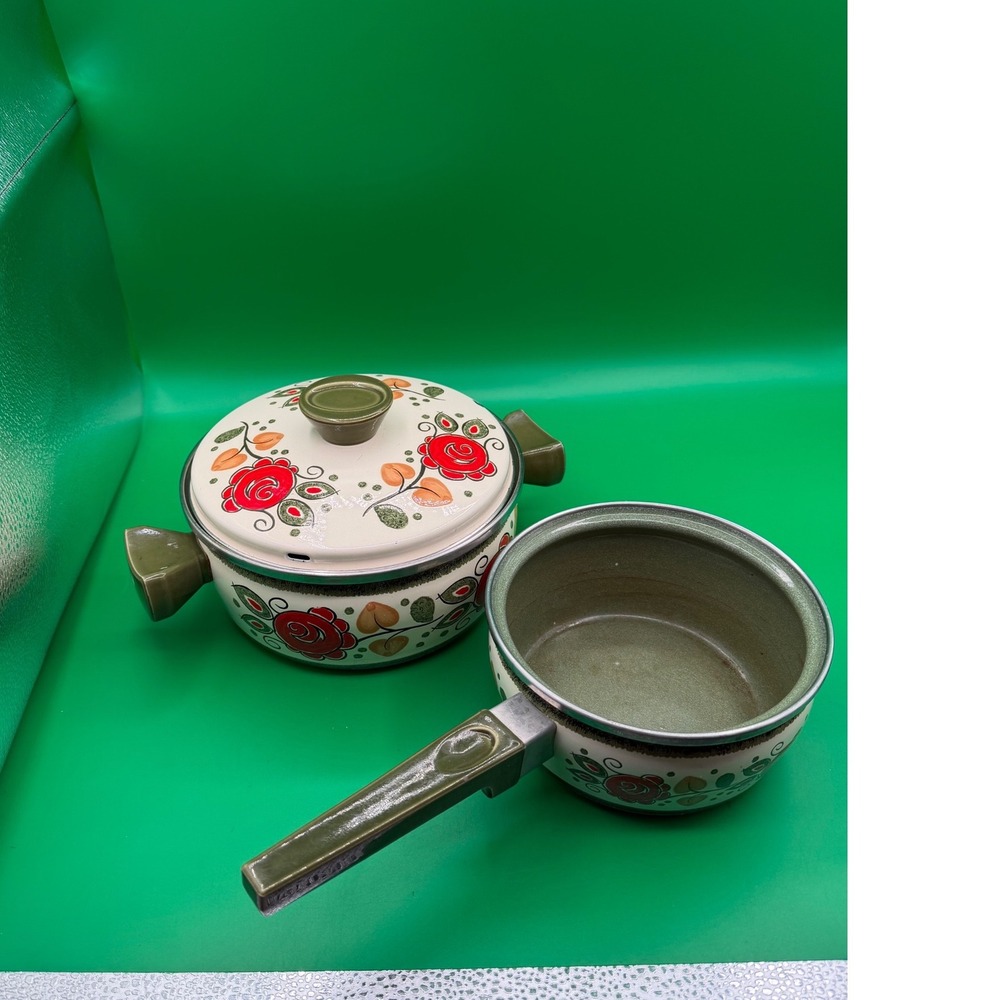 Vintage Baumann Serie Tirol Enamel Cookware  West Germany Floral Roses 2pc 1970s